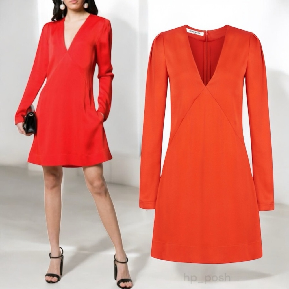 Givenchy 100% Silk long sleeve mini dress in red orange size 36 NWT